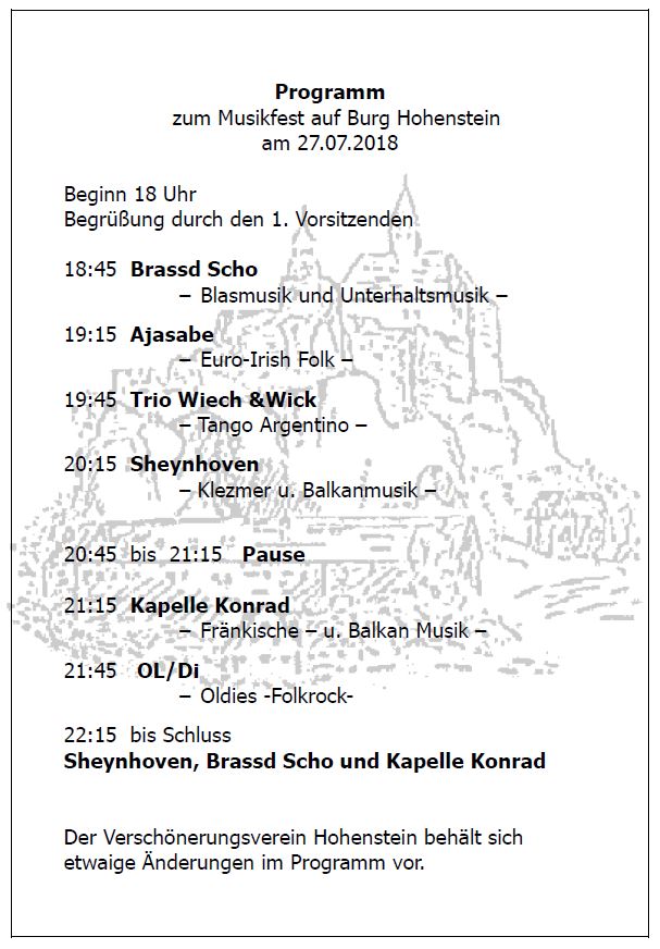 Musikfest Burg Hohenstein 2018 Programm