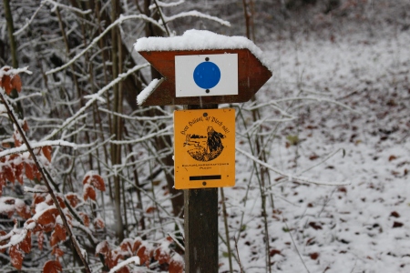 Wandermarkierungszeichen blauer Punkt an Pfosten montiert mit Schnee bedekt.